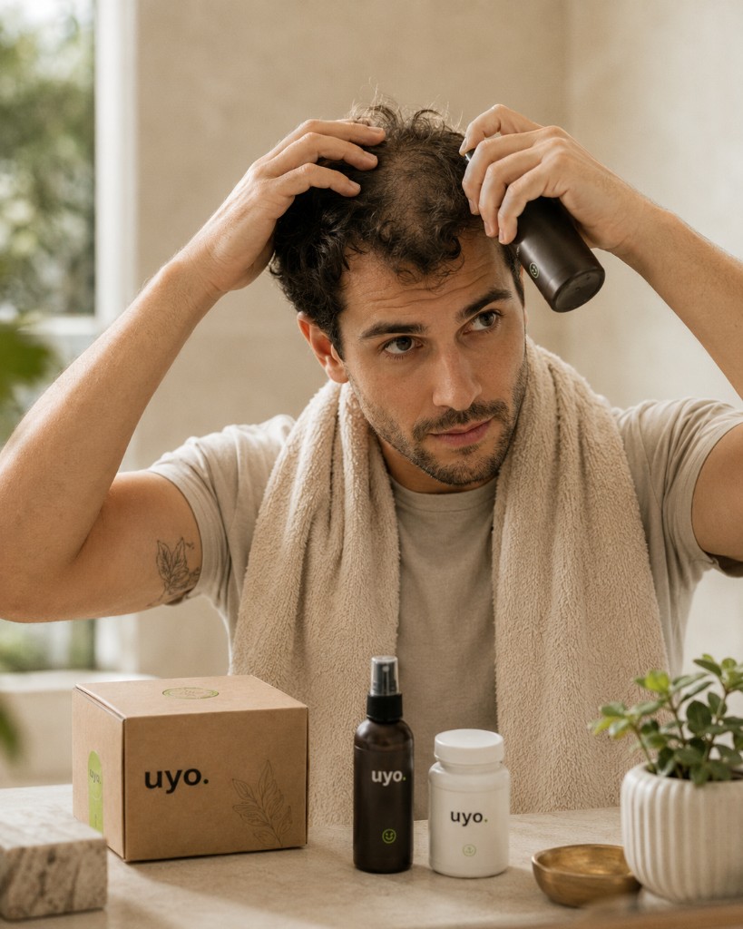 Homem a aplicar spray capilar uyo. na zona do coroamento, com caixa e frasco de suplemento em primeiro plano.