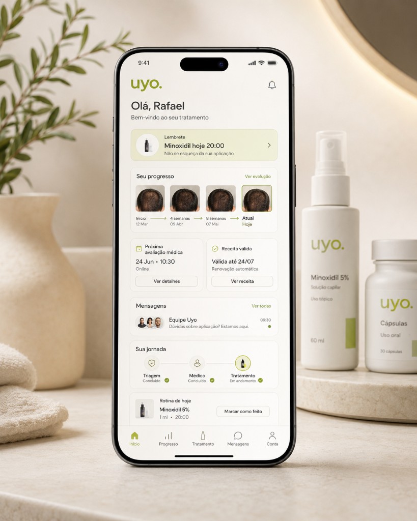 Smartphone com o app uyo.: lembrete de Minoxidil, progresso em fotos, próxima avaliação médica online, receita válida, mensagens e jornada triagem–médico–tratamento.