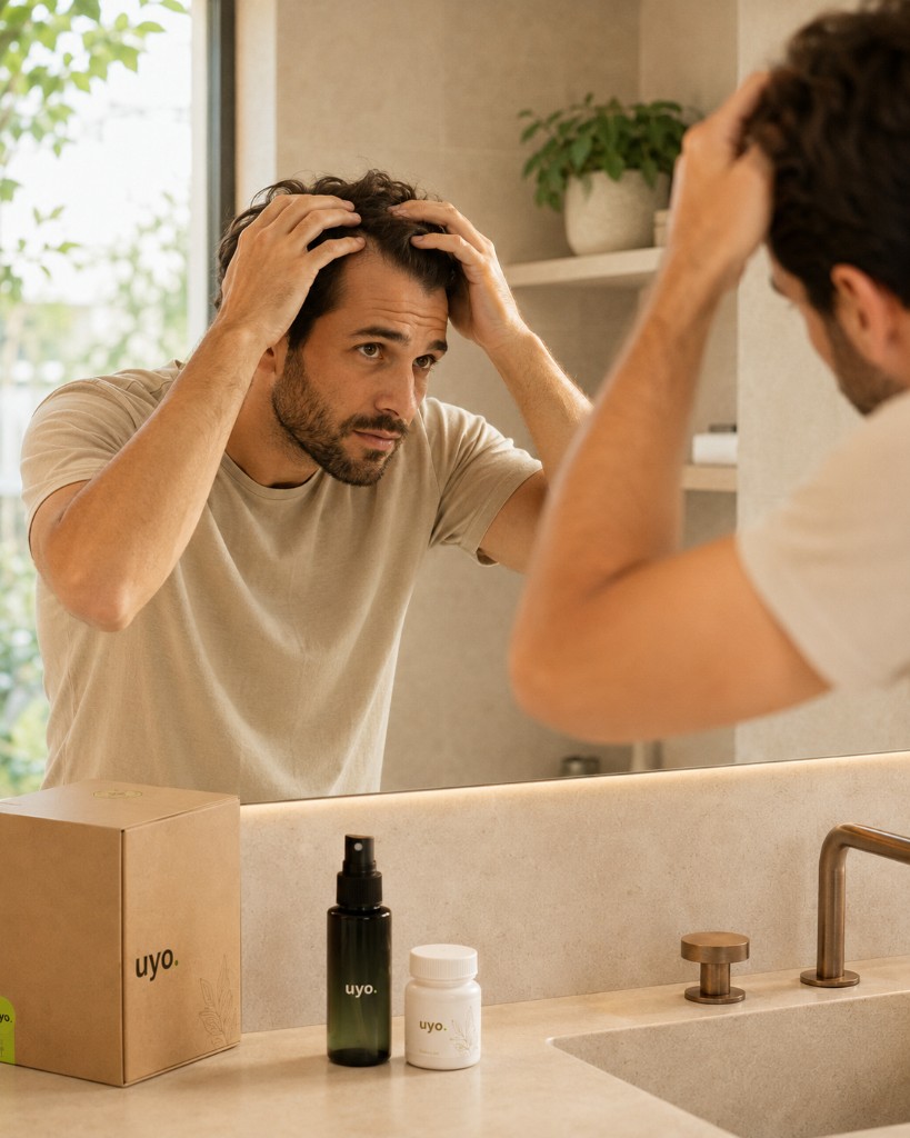 Homem no espelho do banheiro a observar a linha capilar, com kit de produtos uyo. sobre a bancada.