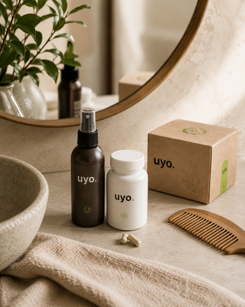 Kit uyo. na bancada do banheiro: spray escuro, frasco branco de cápsulas, caixa kraft e pente de madeira, com espelho redondo ao fundo.