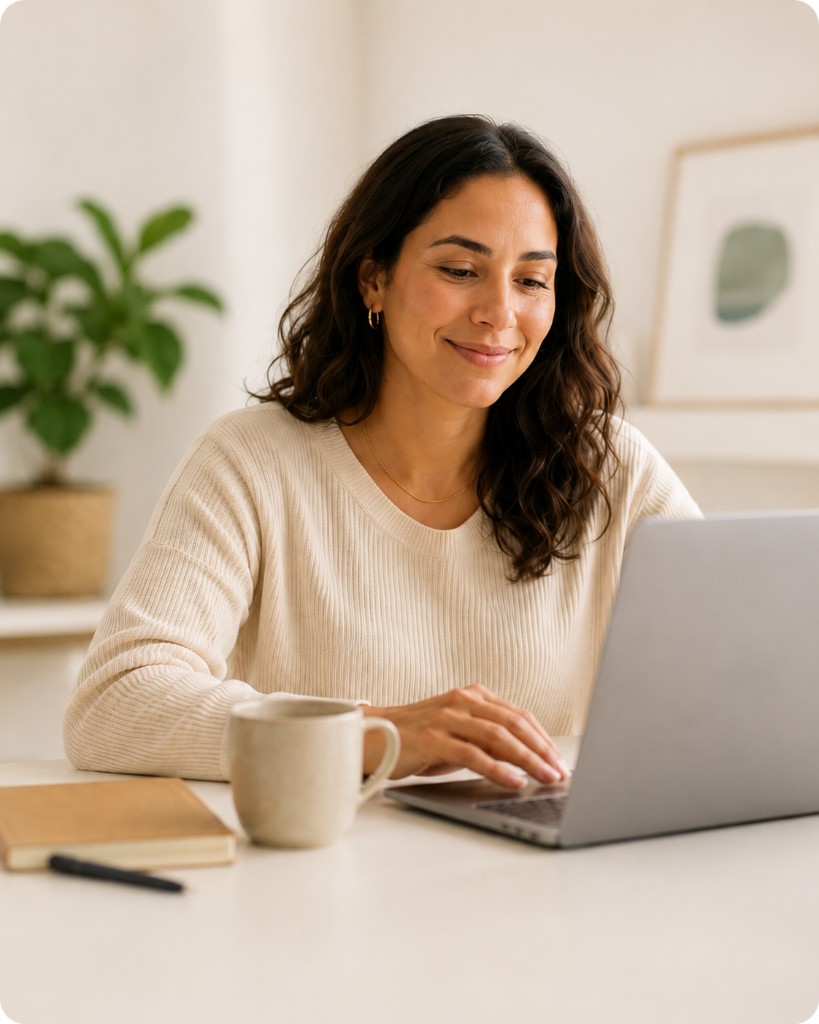 Mulher sorrindo enquanto usa o laptop em ambiente acolhedor e iluminado, representando cuidado com saúde mental na uyo.