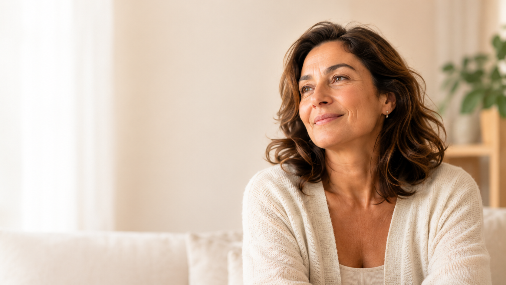 Mulher a olhar para cima, representando equilíbrio e cuidado ginecológico na menopausa.