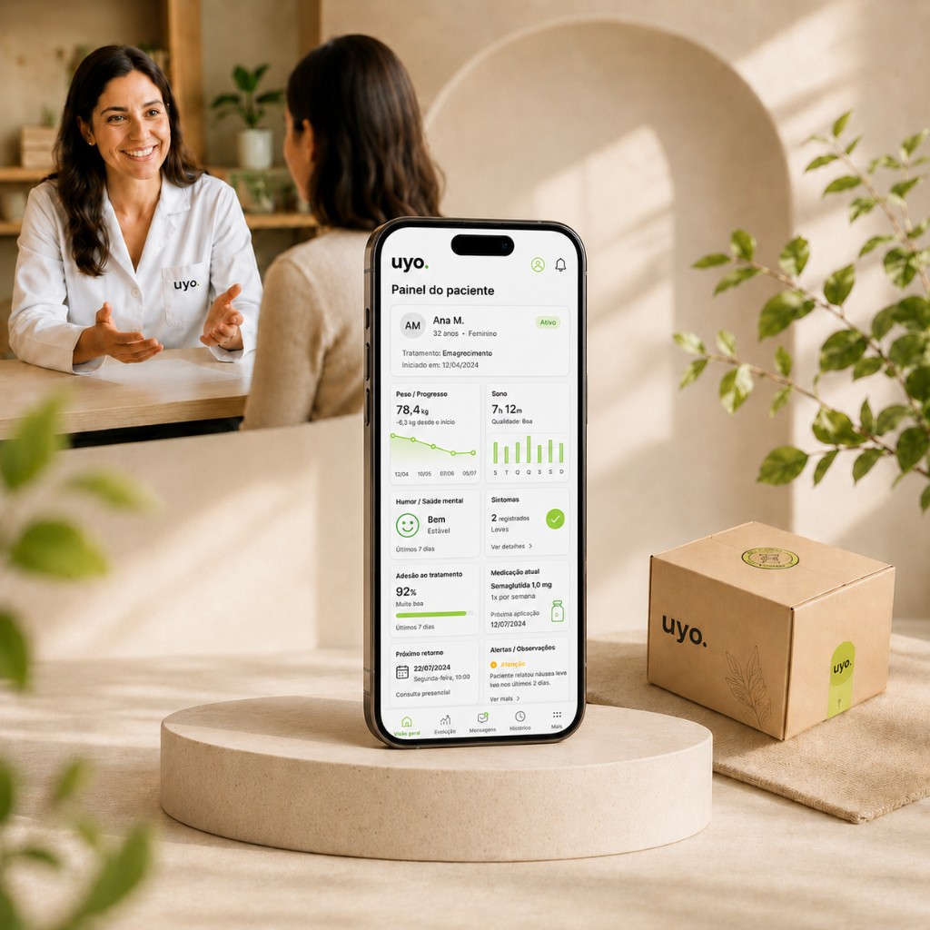 Smartphone com o painel do paciente uyo., entre uma consulta médica e uma caixa de entrega com a marca.
